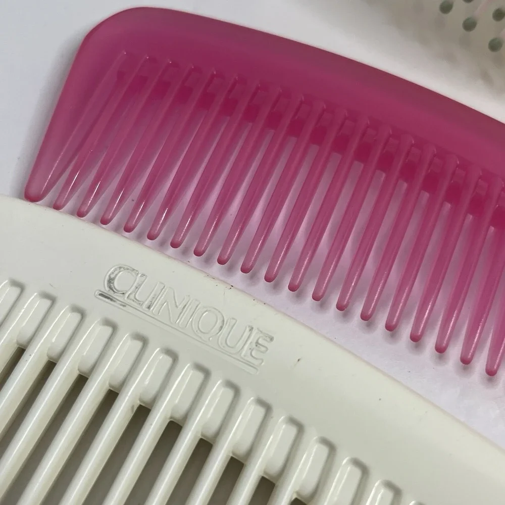 Clinique 2 Hair Combs/ 1 Brush Wide Tooth Detangling Hard Plastic White Pink VTG
